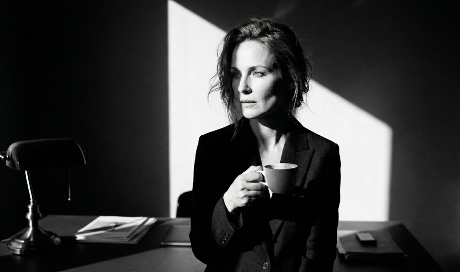 Frau am Schreibtisch und in Gedanken
